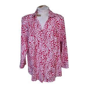 TALBOTS Red White Floral Cotton Blend Long Sleeve button up‎ plus Size 18W